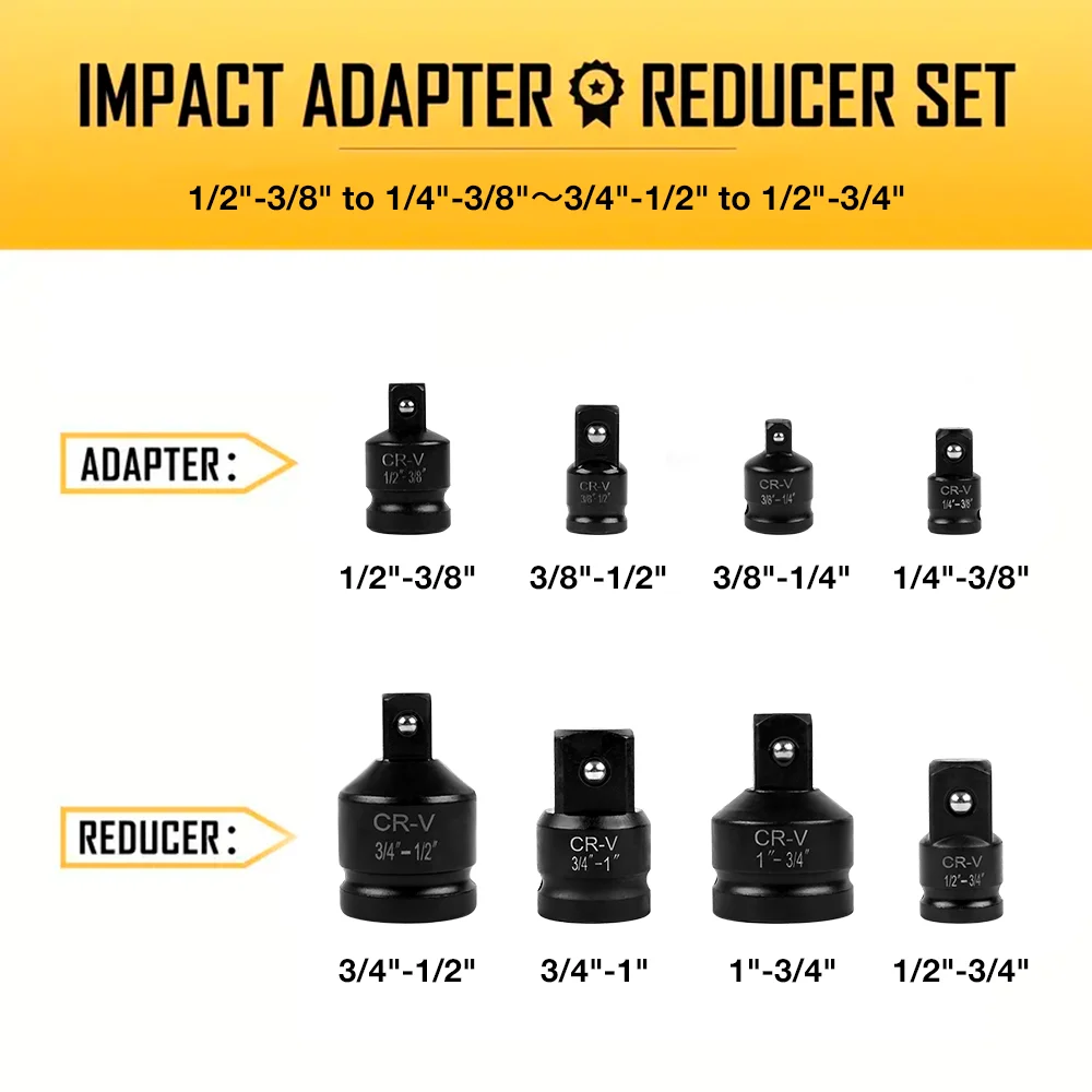 8 pcs/set Impact Socket Adapter, CR-V Socket Wrench Reducing Adapter, Drive Converter Kit, Hand Repair Tool Set Square Drive