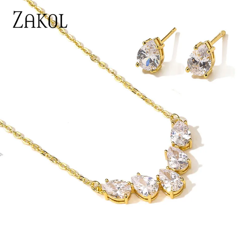 ZAKOL Brand Elegance Charm Water Drop AAA Cubic Zircon Crystal Earrings Necklace Set For Women Popular Bride Jewelry Gift