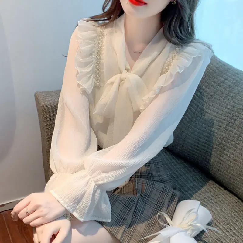 Spring New Women\'s Clothing Korean Fashion Bow Lace Up Elegant Shirt Office Commute Chiffon Blouse Solid Long Sleeve Loose Tops