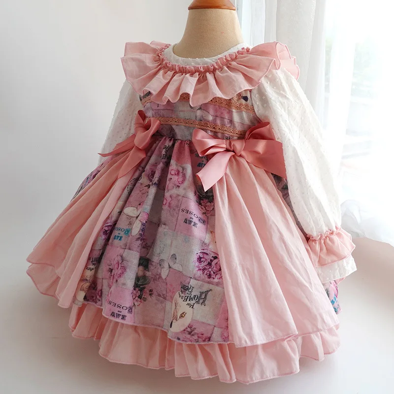 Baby Girl long sleeve Pink Floral Vintage Spanish  Ball Gown Princess Dress for kids birthday Party