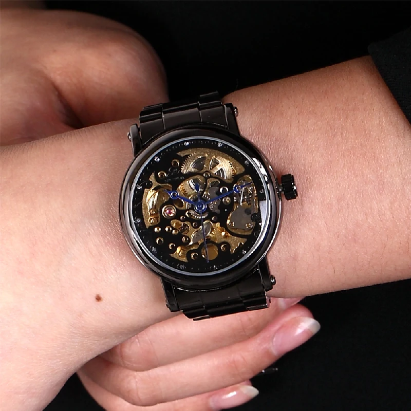 Winner Automatic Mechanical Women Watch 38mm Case Skeleton Dial & Diamonds Lady Business Dress Wristwatch Leather or Steel Band