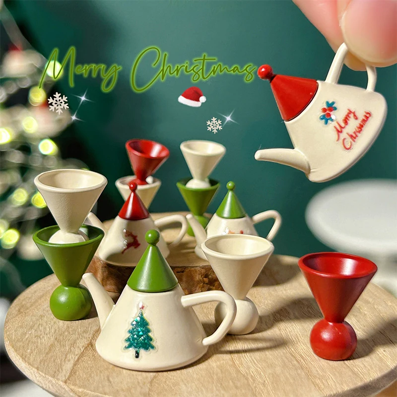 1Set 1:12 Dollhouse Mini Christmas Teacup Teapot Model Christmas Doll House Living Room Tea Set Decor Micro Scene Photo Props