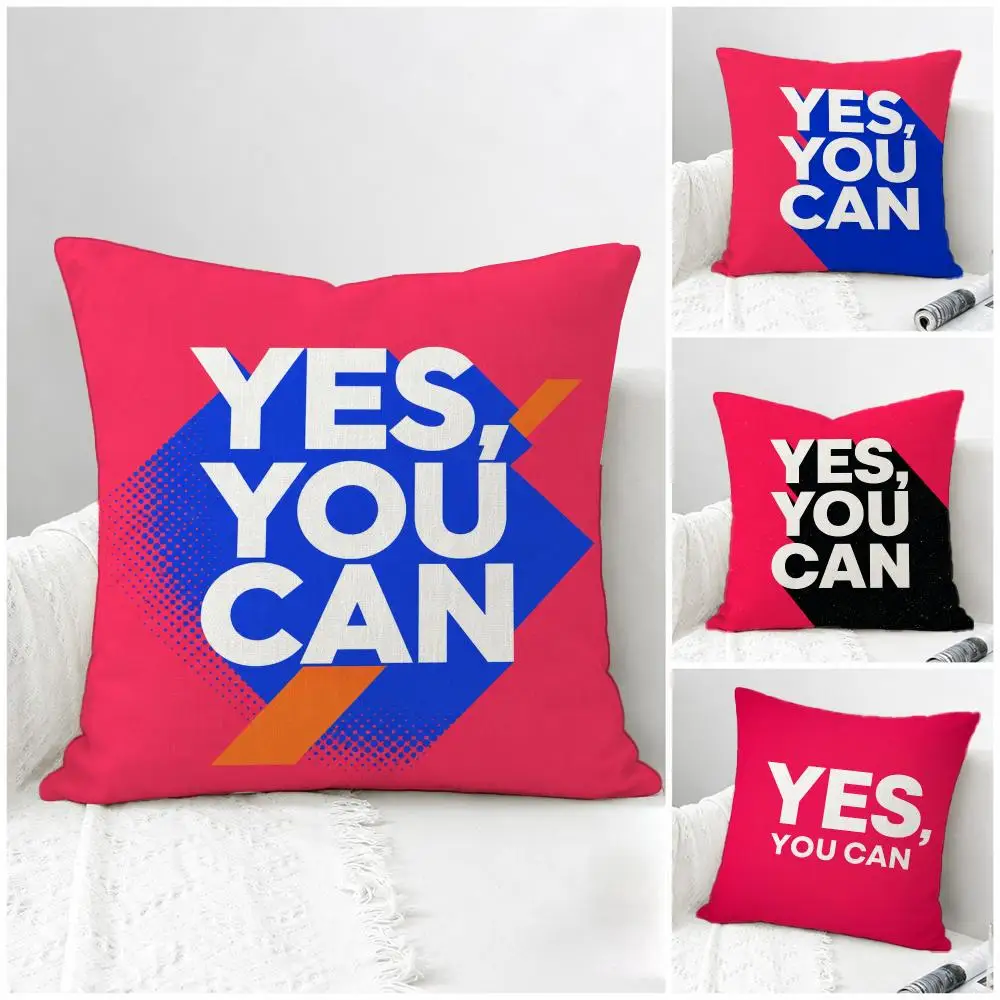 Slogan Yes You Can Cushion Cover Natural Linen Pillowcase Set, All-in-One Decor for Sofa, Bedroom & Chair