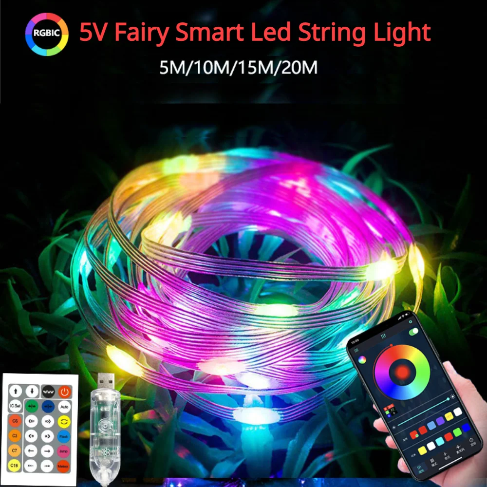 Smart USB Powered LED Fairy Light Christmas 5M 10M 15M 20M Наружное украшение Рождественский праздник Садовая вечеринка Свадебное освещение Строка