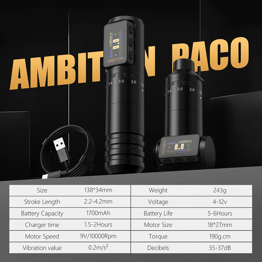 Ambition Paco 2025 Wireless Tattoo Machine Adjustable Stroke 2.2mm-4.2mm Professional Battery Pen Coreless Motor with Tattoo art