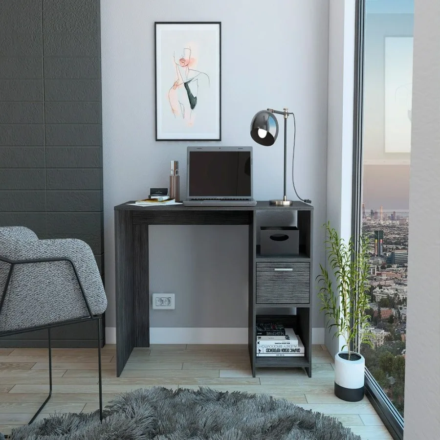 

Computer Desk Odessa with Single Drawer and Open Storage Cabinets Smokey Oak Finish