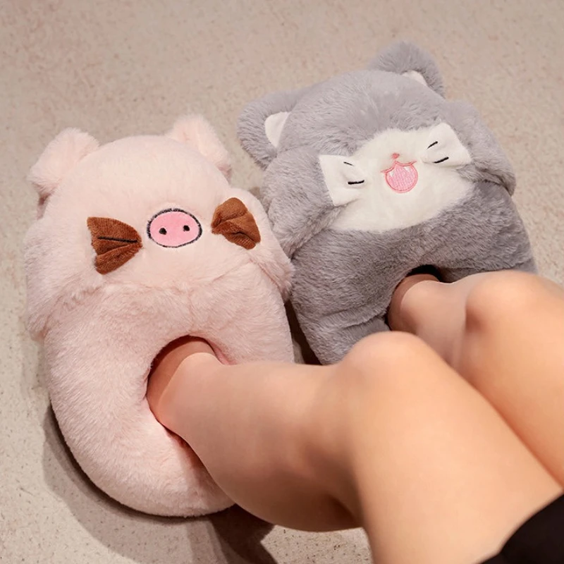 Women Home Floor Fluffy Slippers Winter Warm Shoes Cute Cartoon Animals Soft Faux Fur Couples Indoor House Bedroom Cotton Shoes