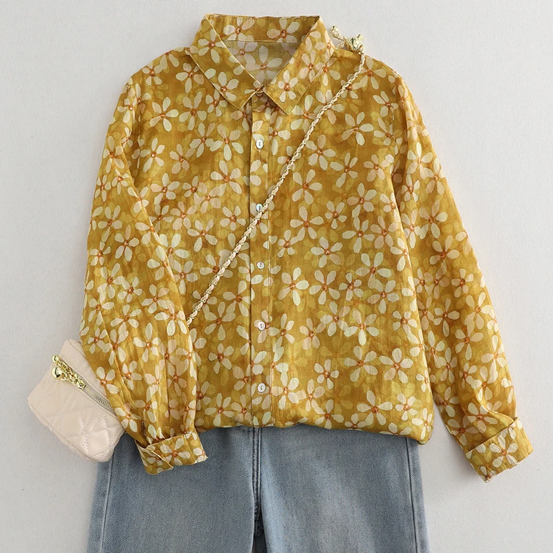 

Artistic Cotton Linen Long Sve Printed Casual Ne irt plus Size Women's Autumn Top Loose Fit Button Detail