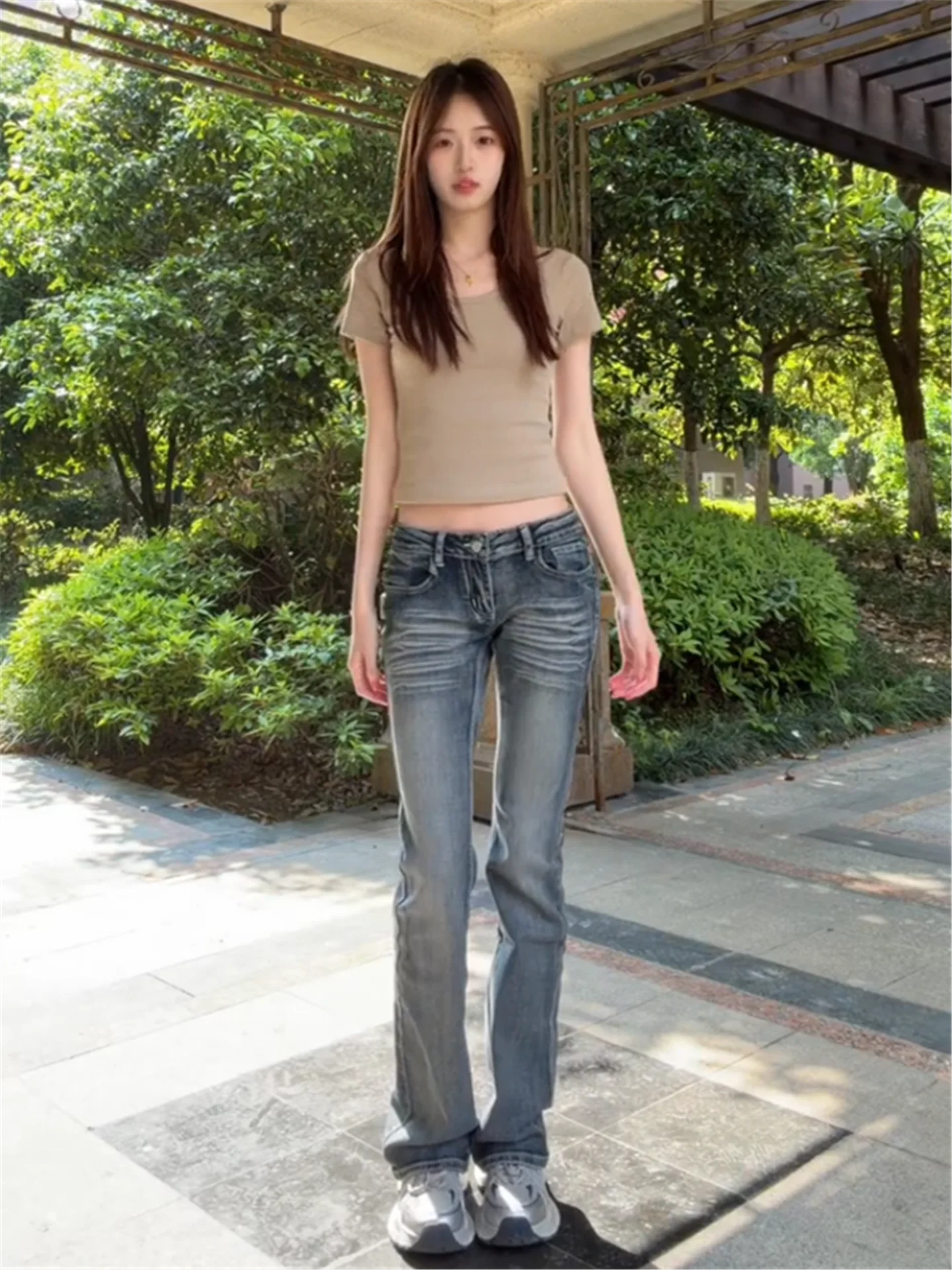 

Retro American Street Low Waist Bell Bottom Jeans Women's Summer Slimming Long Straight Leg Cotton Denim Pants