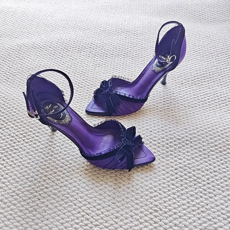 Summer new pointed fish mouth open-toe bow cloth wrinkled bag sandals thin high-heeled banquet dress versatile women\'s sandals