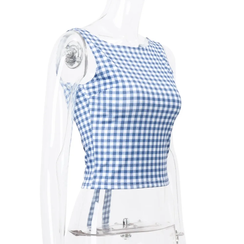 Trendy Dacron Checkered Bow Tank Top Blue Bow Strap Women's Suspender Tops Slim Fit Tank Top