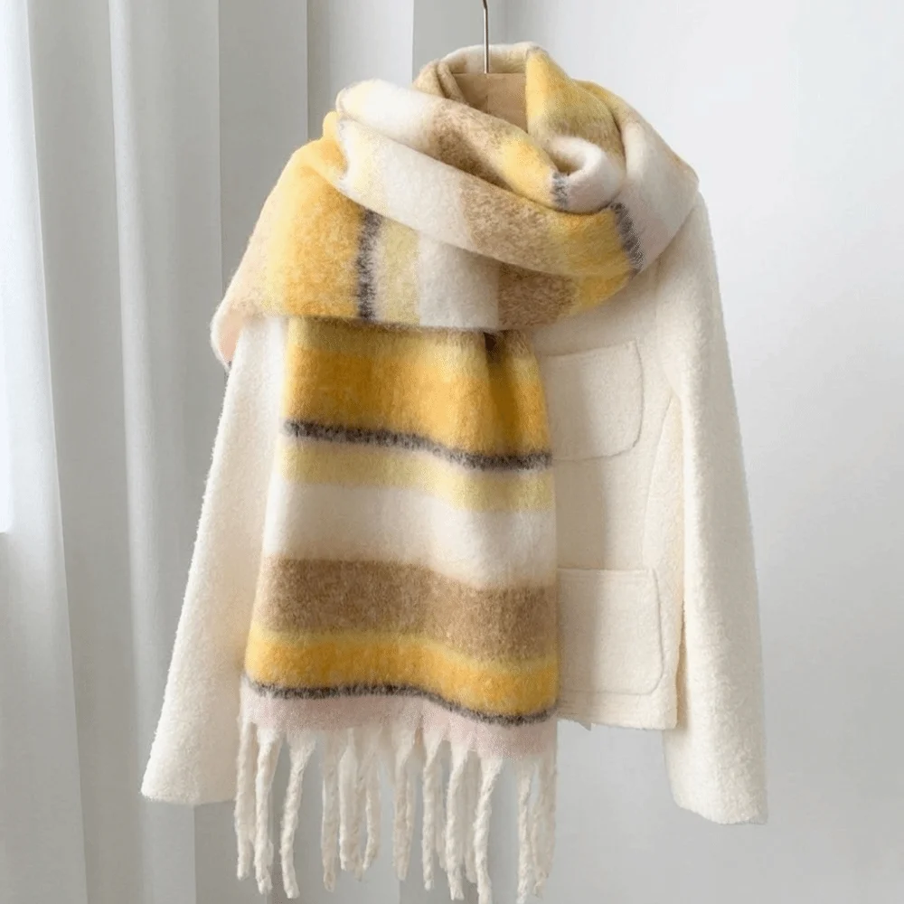 Simple Mohair Stripe Wool Scarf Plush Thicken Winter Cashmere Scarves Korean Style Warm Neck Warmer Girl