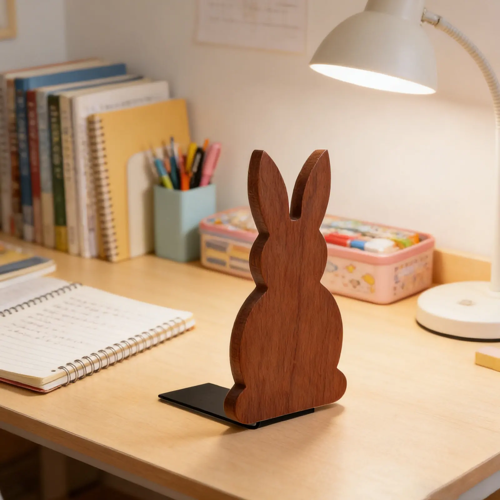 Wooden Bunny Bookends Set Cute Animal Bookshelf Decor Rustic Wood Desktop Organizer for Nursery Office Desk Easter Home Decor