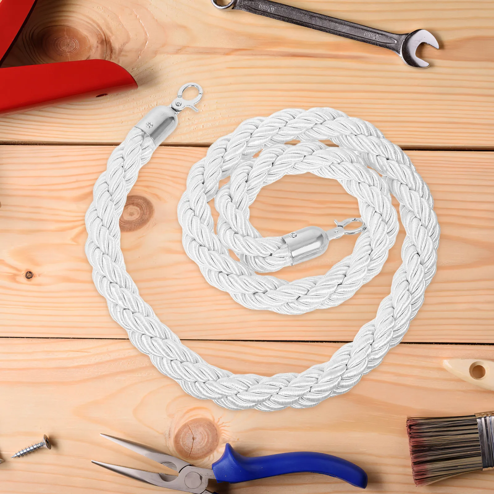 White Braided Stanchion Rope Barrier Heavy Duty Queue Control Rope Chrome Hooks Event Theater Ropes