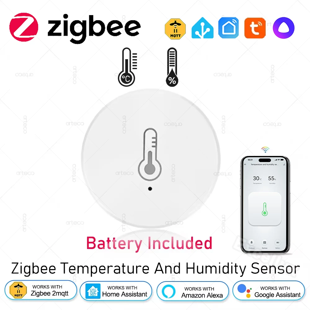 Zigbee 3.0 Temperature And Humidity Sensor Remote Monitor By Smart Life APP Battery Powered Works With Alexa Google Home Z2M