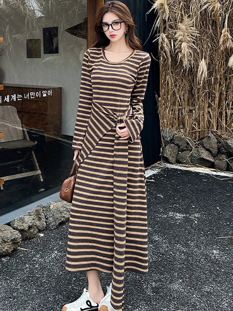 

Autumn Winter Striped Knitted Long Sleeve Dress Women Elegant Casual Bandage Dress 2025 Korean Vintage Bodycon Festival Dresses