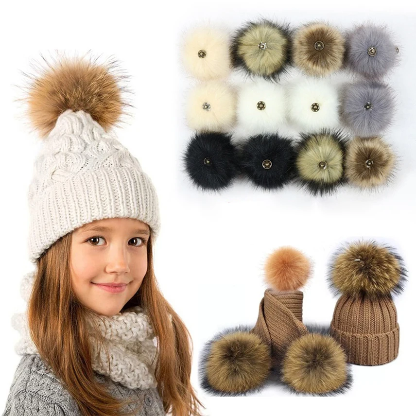 2Pcs 12cm Pompoms Fake Fox Fur Hats Ball with Press Button Fluffy Faux Fur Hairball Handmade DIY Clothing Pompoms For Hats