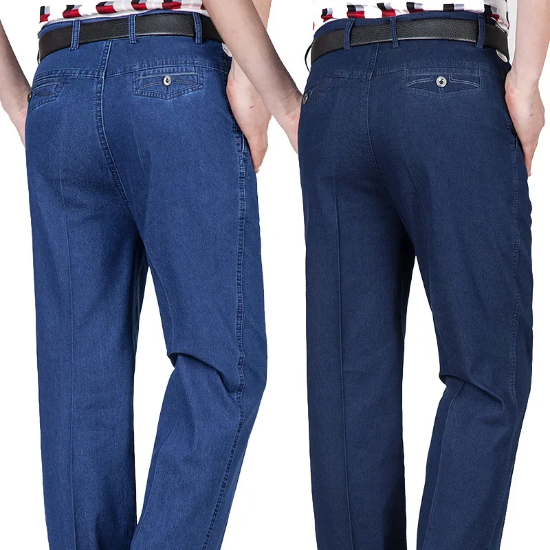 2024 men jeans thick tall waist loose elastic business casual denim trousers