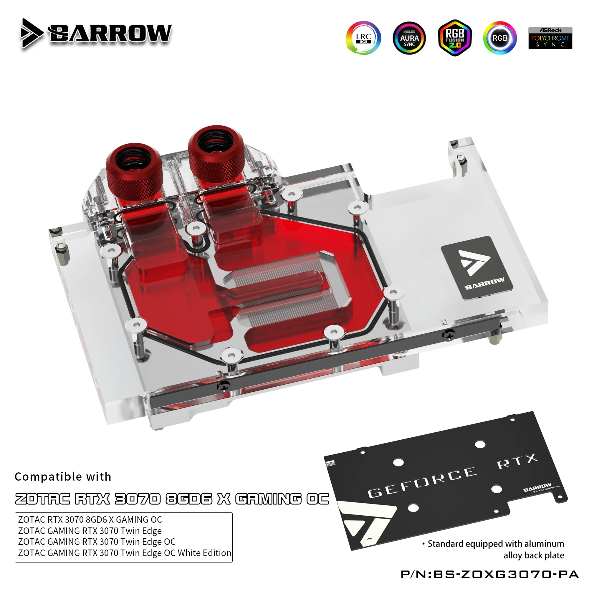 Barrow 3070 GPU Water Block for ZOTAC Geforce RTX 3070 X-GAMING OC, Full Cover ARGB GPU Cooler, BS-ZOXG3070-PA