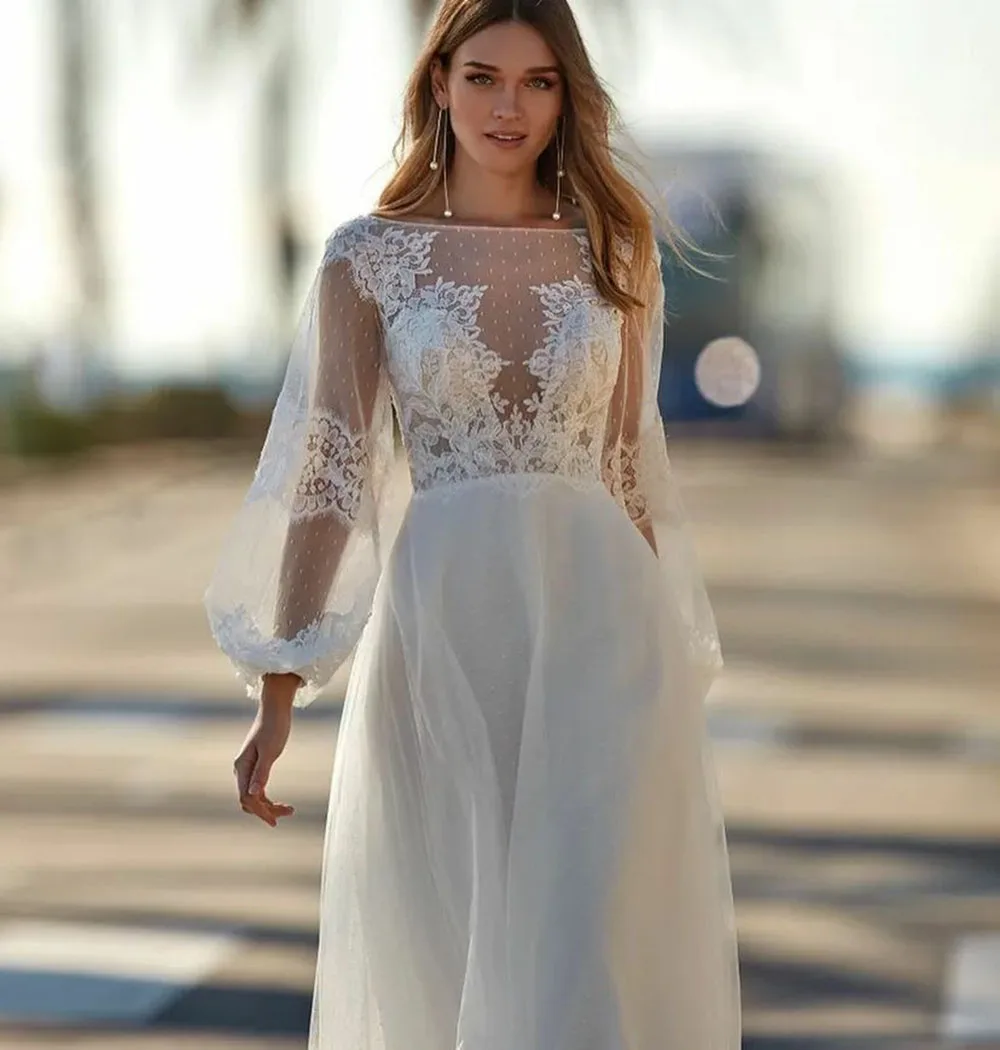 Msikoods abito da sposa Boho 2023 Appliques di pizzo Puff maniche lunghe abito da sposa bohémien Beach Vestidos De Novia