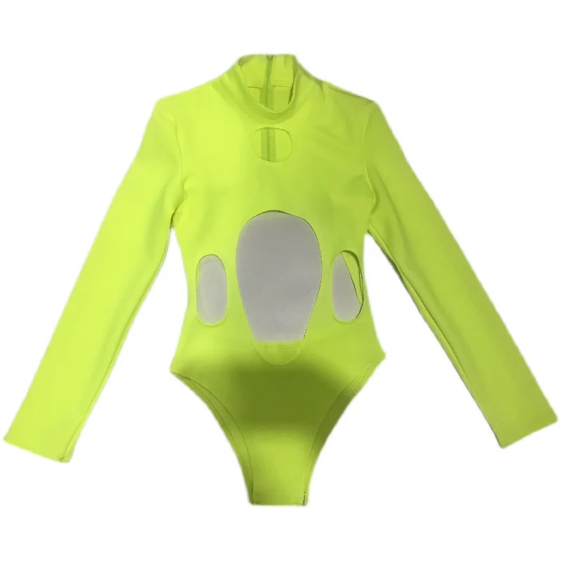 Sexy Fluorescent Yellow Hollow Bodysuit Nightclub Dj Ds Gogo Costume Female Stage Pole Dance Outfit Festival Clothes XS3994