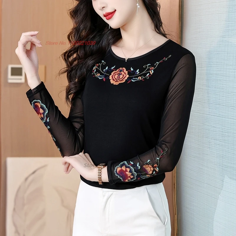 

2025 chinese traditional o-neck shirt national flower embroidery vintage shirt retro hanfu tops oriental mesh sleeve base shirt