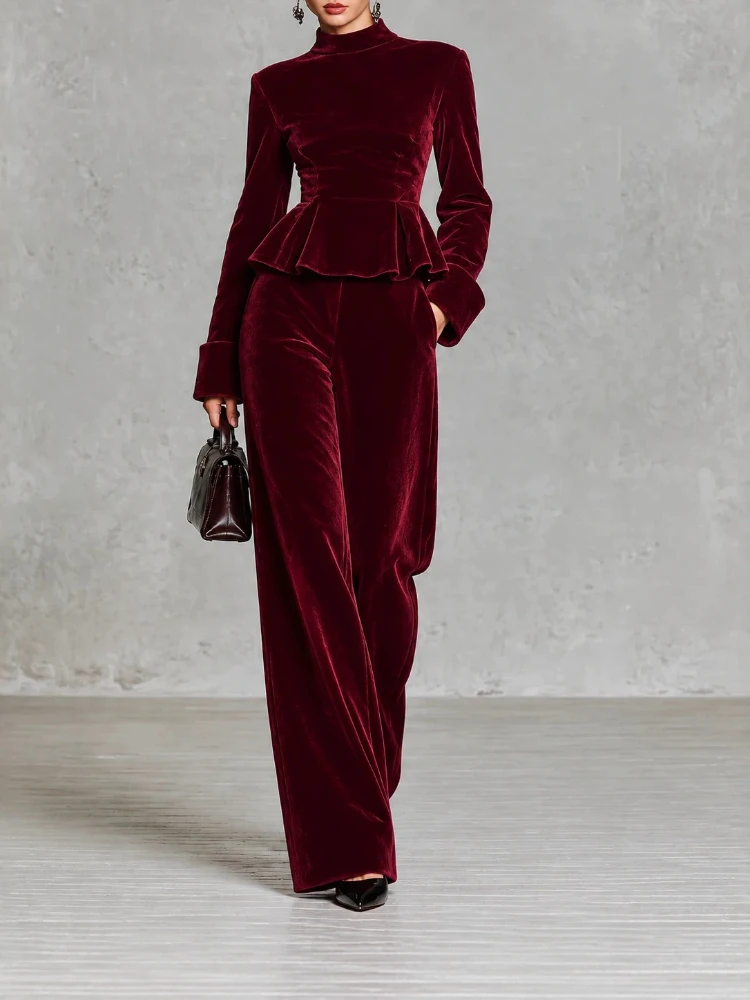 2026 Women Casual Warm Sportswear Set Velvet Long-sleeved Solid Color High-neck Wide-leg Pants Fashion Spring Autumn New Style