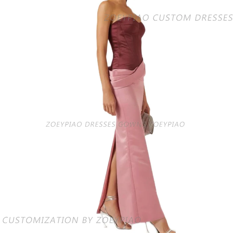 Sexy Red/Pink Satin Back Slit Prom Dresses Pleat Long Sleeveless Custom Casual Formal Evening Dress Women Party Gowns 2024