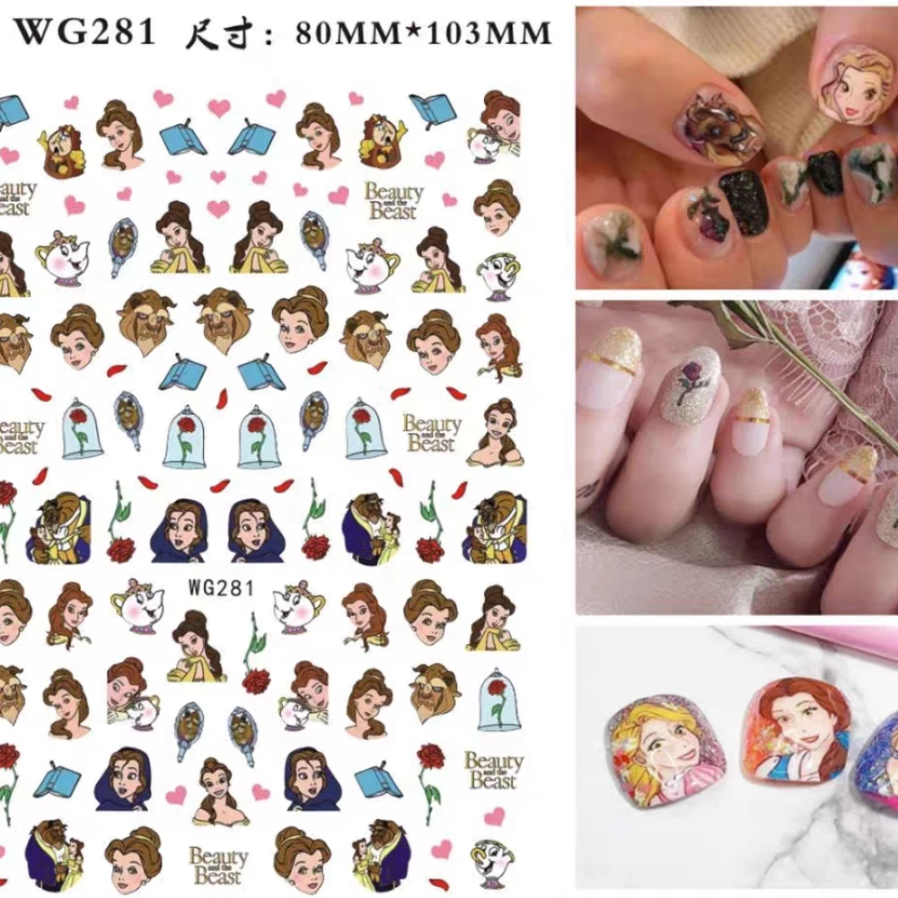 1 sheet Princess Jasmine Disney New 3D Cartoon Nail Art Stickers Nail Decals for Manicure fashion Design DIY Happy Accessories