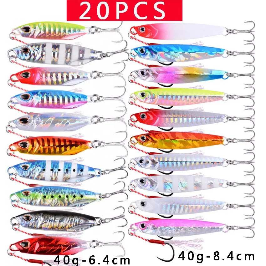 Juego de anzuelos de Metal fundido de calidad 20 piezas, 20g, 30g, 40g, 60g, para pesca de lubina, aparejos de cebo Artificial