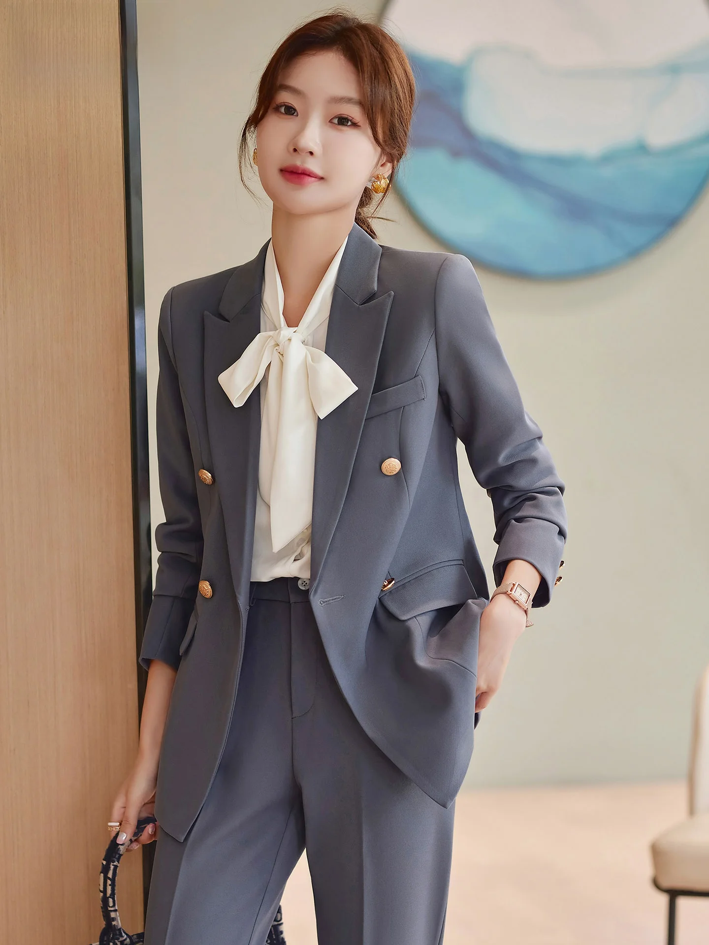 

Серый женский пиджак премиум-класса с двубортной застежкой, для собеседований, работы, повседневной носки, свободного кроя, с длинным рукавом