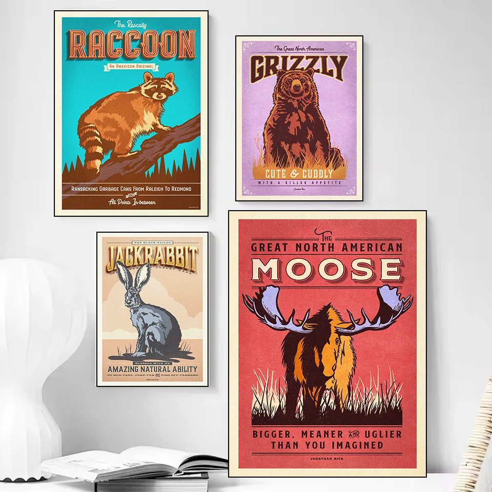 Retro Humorous Animals Series Poster Print Canvas Pictures Home for Living Room and Bedroom Wall Modern Decor Frameless Painting