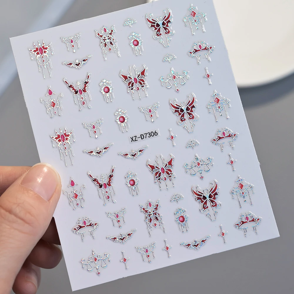 1Pcs 5D Red Tassel Butterfly Nail Art Stickers Retro Lotus,Fan,Star/Moon Tassel Chain Nail Decals Adhesive Nail Art Decorations