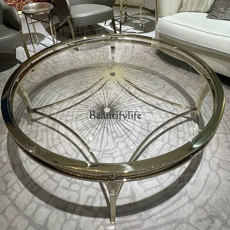 LS 04 طاولة قهوة أمريكية فاخرة خفيفة لغرفة المعيشة طاولة شاي مستديرة من الزجاج المقاوم للصدأ