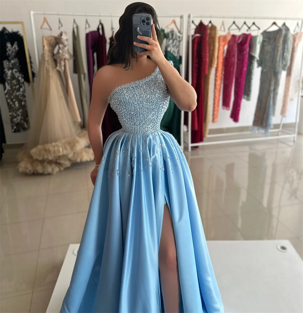 فستان ميلا أزرق على شكل حرف a لحفلات الزفاف مخصص بفتحة جانبية عالية من الساتان فساتين سهرة بكتف واحد بدون أكمام فيستدوس دي فييستا #3