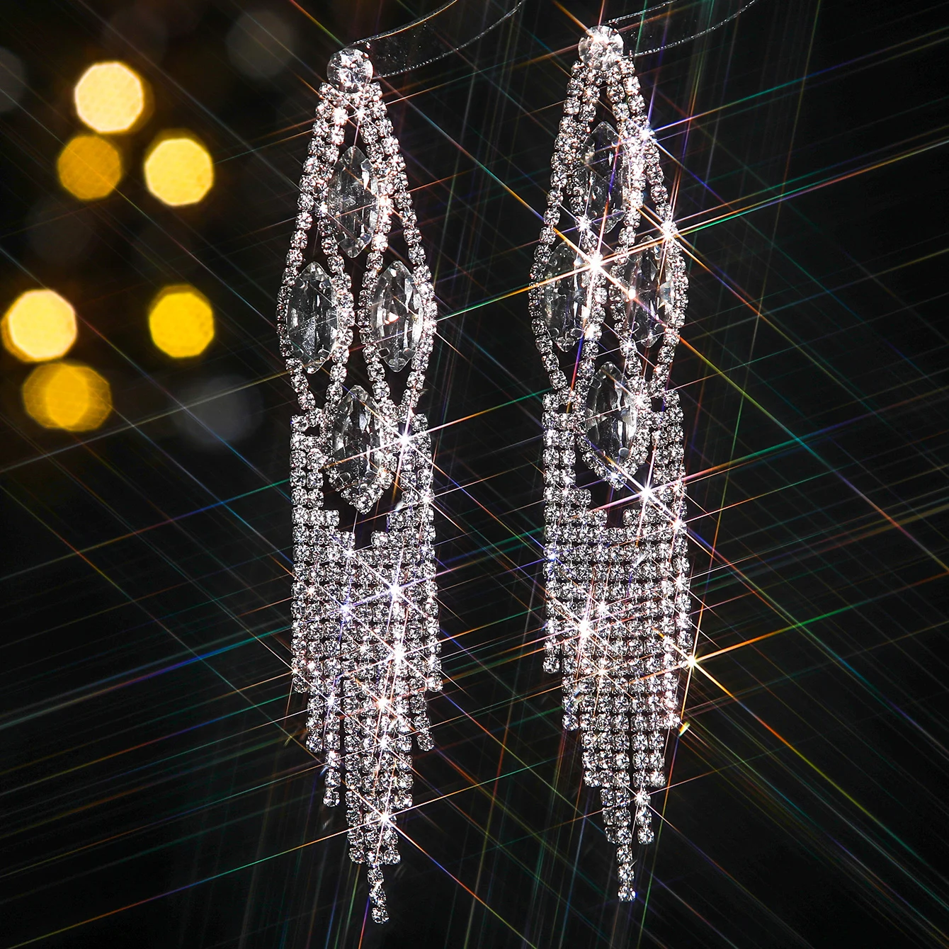 Sparkly Rhinestone Crystal Tassel Long Dangle Dance Competion Earrings for Party Prom