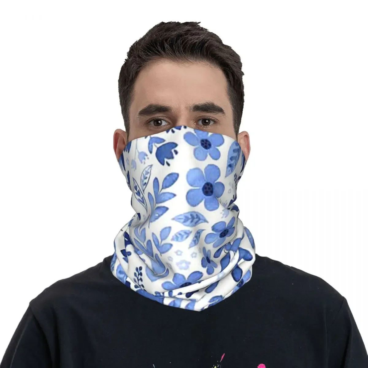 Blue Watercolour floral Bandana Neck Cover Printed Wrap Scarf Multifunction Headwear Hiking Fishing For Men Women Adult Winter