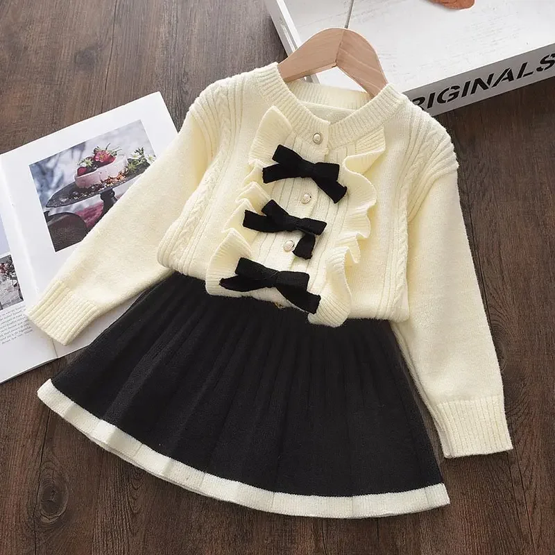 Baby Girls Bow Cute Clothing Suits New New Fashion Winter Knitted Sweaters And Skirt Outfits Princess Children Clothing 2-6Y