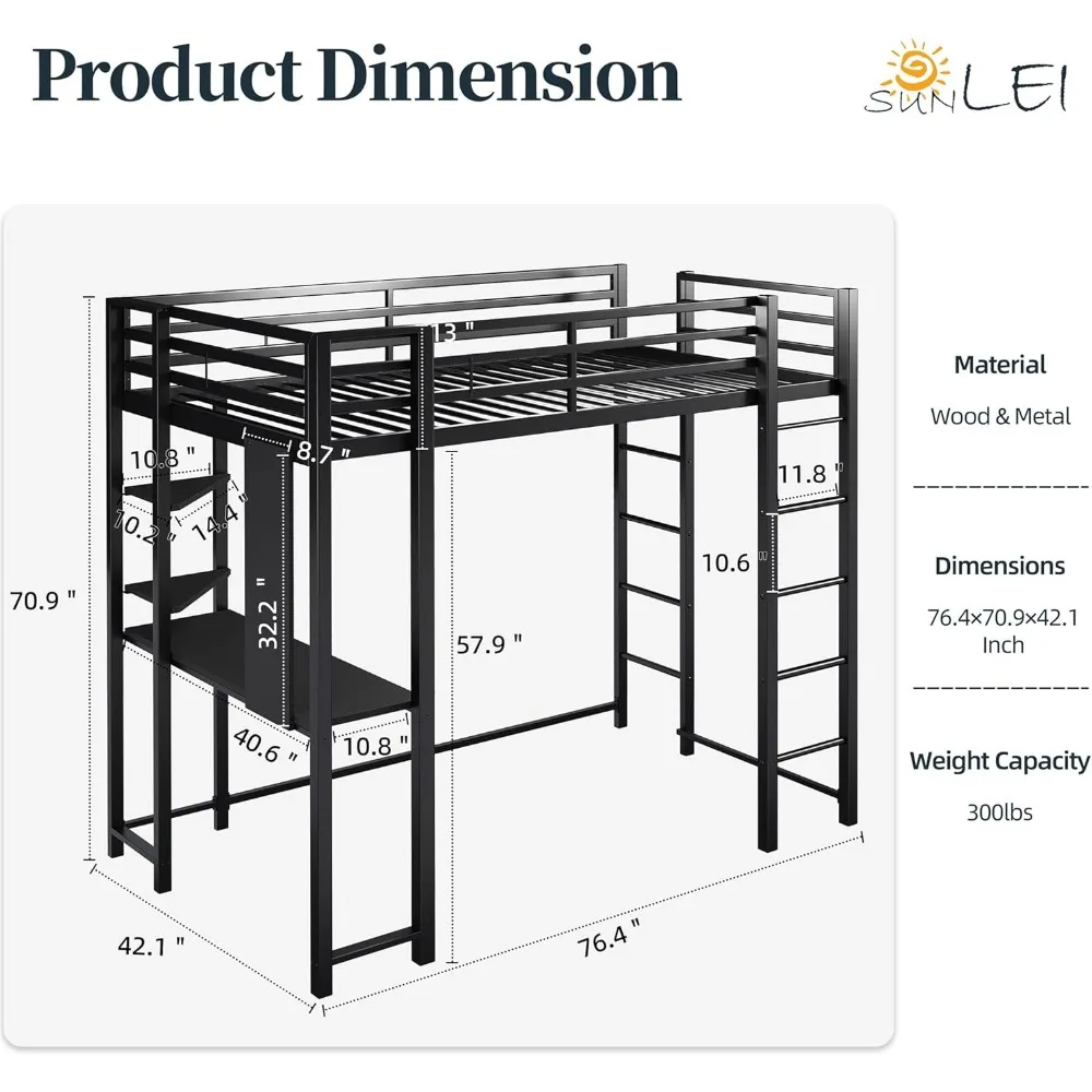 Lit mezzanine double en métal avec bureau, lit mezzanine double avec 2 échelles intégrées et protection de sécurité, sans bruit pour petite chambre, noir