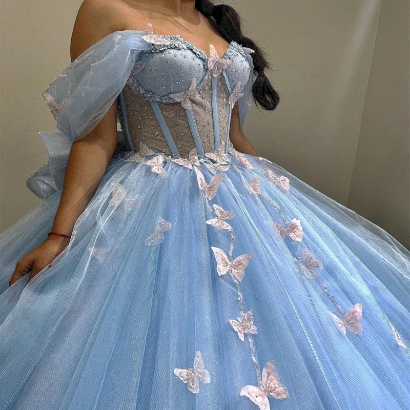 Requintado céu azul princesa quinceanera vestidos com arco borboleta apliques rendas espartilho doce 16 vestido de 15 anos