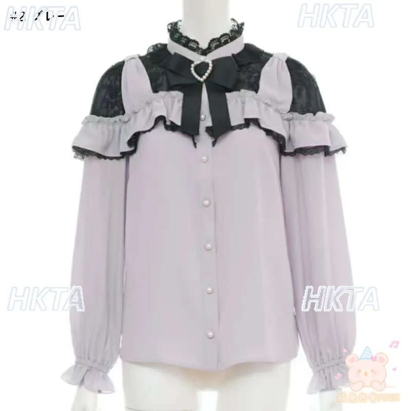 Japońskie, masowo produkowane bluzki Lolita z koronkowymi wstawkami i kokardą na jesień, uniwersalne, słodkie bluzki z długim rękawem i półgolfem dla dziewcząt.