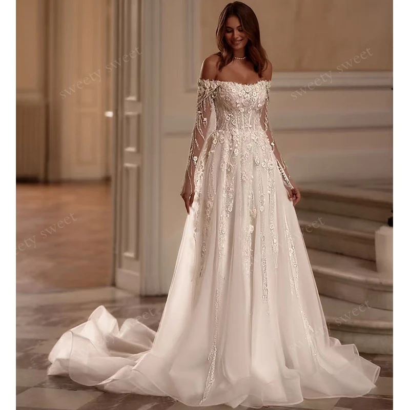 

Graceful Wedding Dress Embroidered Lace On Net With Beading Ball Gown Full Sleeve Boat Neck Customized Bride Vestido De Novia ﻿