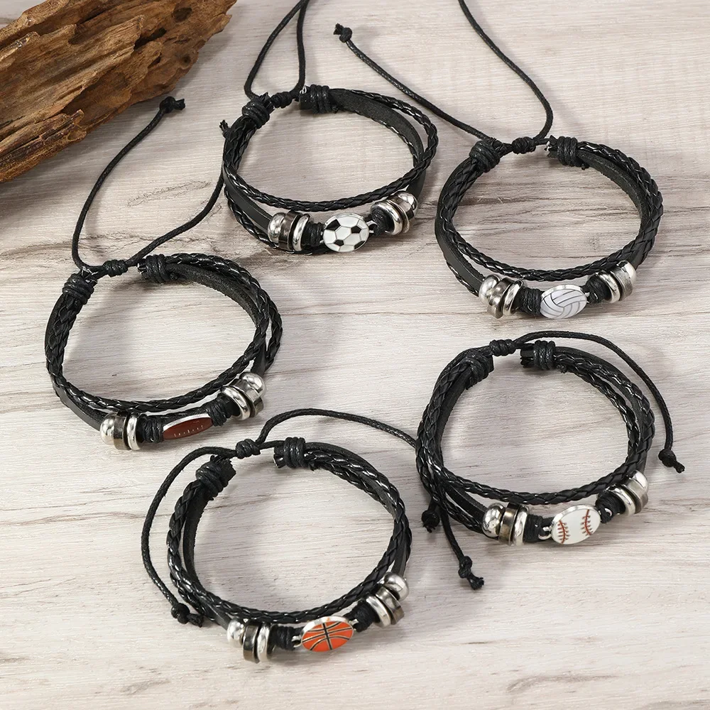 5Pcs Vintage Leather Sport Bracelet For Women Men Volleyball Football Basketball Baseball Rugby Charm Bangle Fashion Jewelry view 5