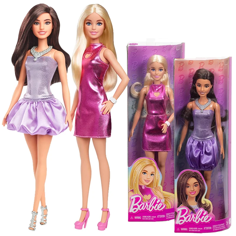 Original 1/6 Barbie Fashionistas Dolls Blond Brunette Heart Shaped Pink Dress Satiny Skirt Girls Toys Shoes Necklace Accessories
