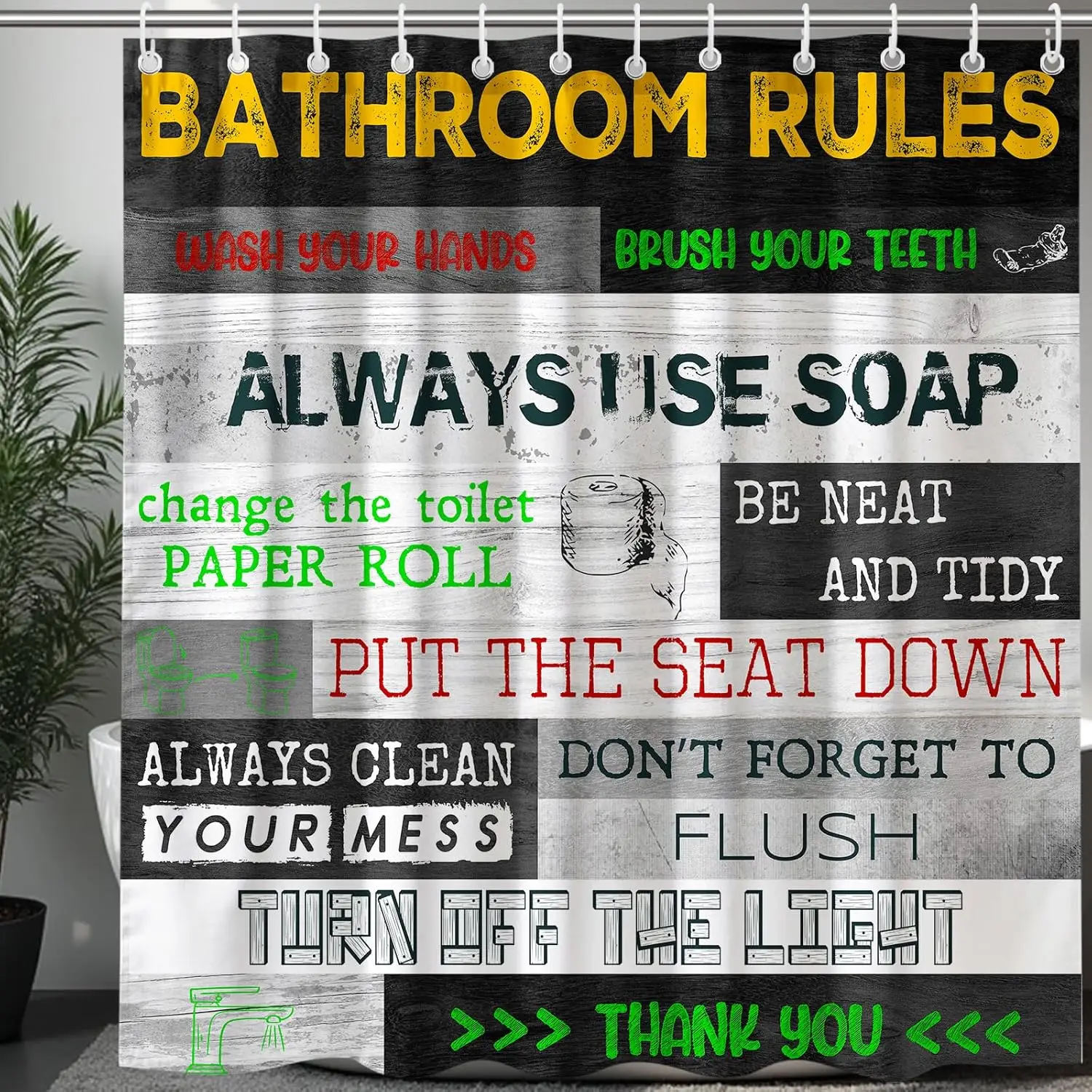 

Funny Bathroom Rules Sign Pattern Waterproof Polyester Shower Curtain 180x180cm - Humorous Text Print Bath Curtain with Hooks