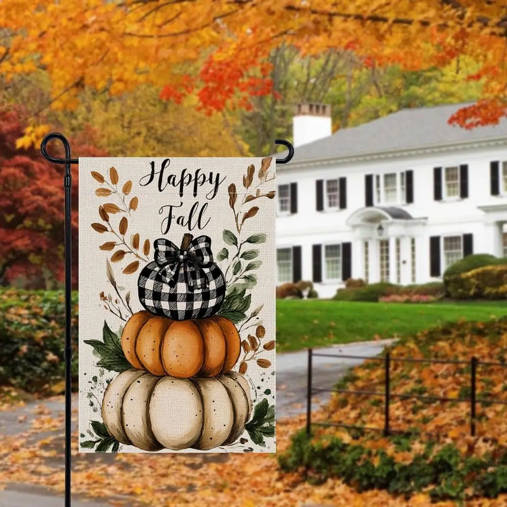 Happy Fall Garden Flag Pumpkin Welcome Small Flags for Outside, 12x18 Inch Buffalo Plaid Double Sided Burlap Autumn Harvest  WWP