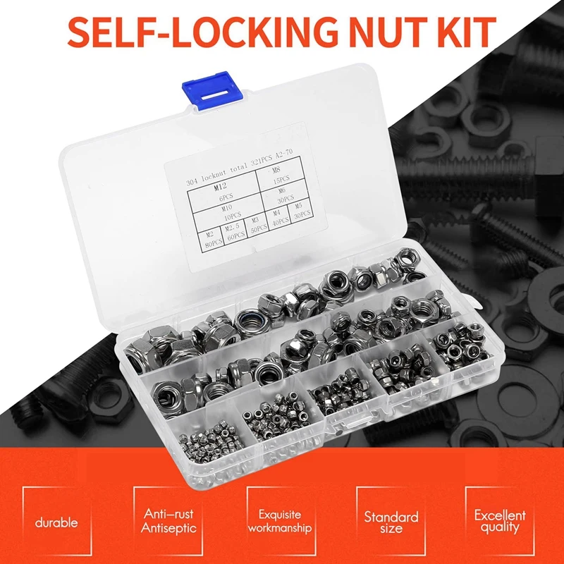 Nylon Lock Nut Stainless Steel M2 M2.5 M3 M4 M5 M6 M8 M10 M12 Hex Hexagon Self Locking Nut Assortment Kit 321Pcs