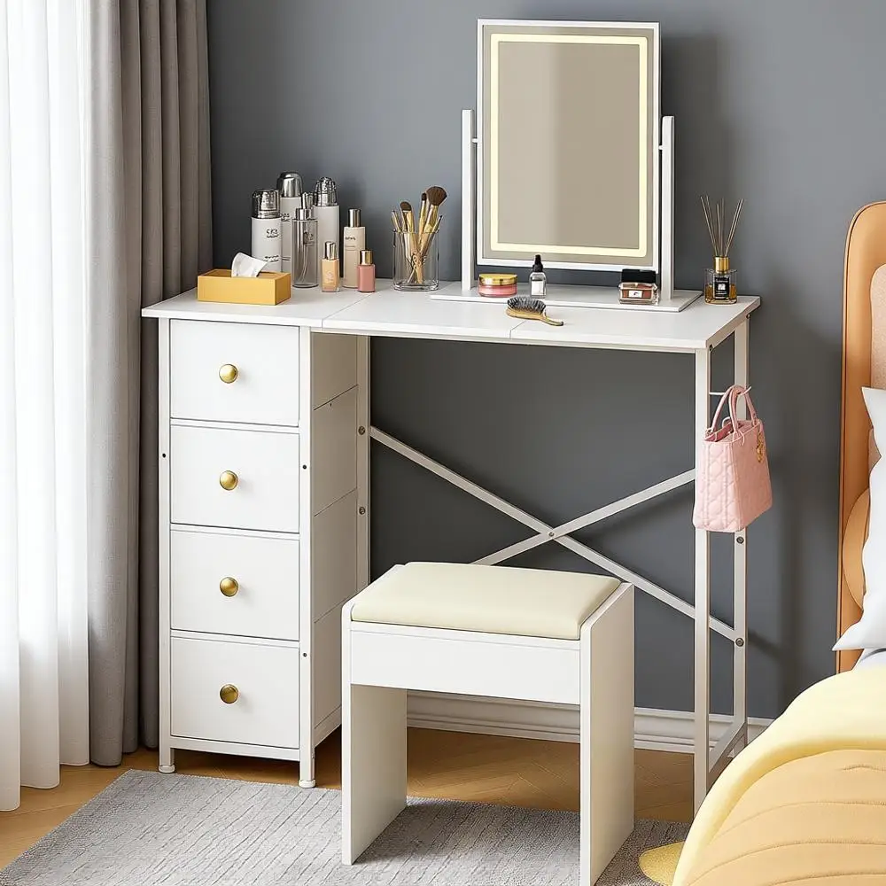 

Compact Makeup Vanity Table with Fabric Drawers, 35.4 White Desk for Small Spaces, Ideal for Girls' Bedroom Makeup.