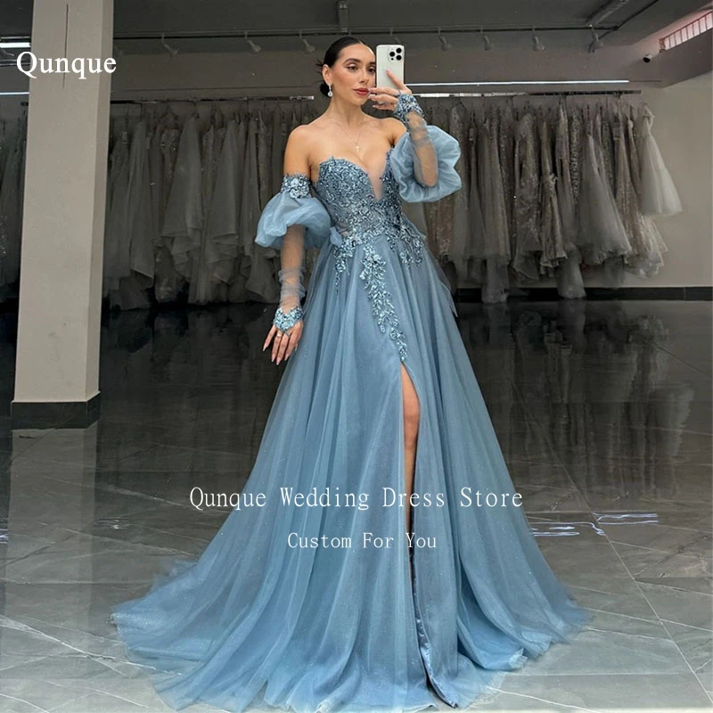 

Qunque Women's Long Evening Gowns Sweetheart Elegant Appliques Party Dress Detachable Puff Sleeves Customized Vestidos De Noche