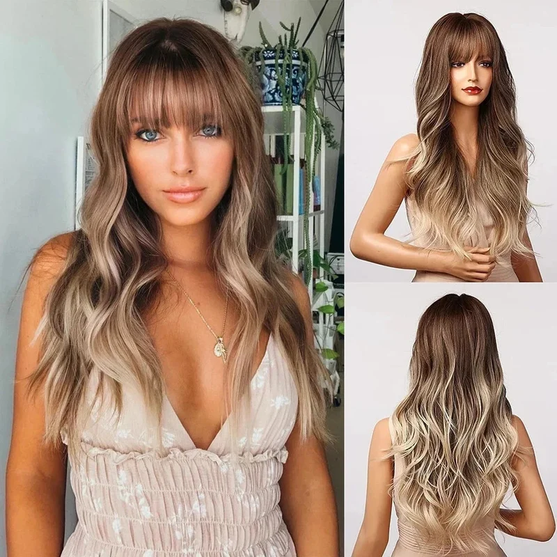 Hair New Fashion Women's Long Natural Golden Brown Wavy Wigs 20 In